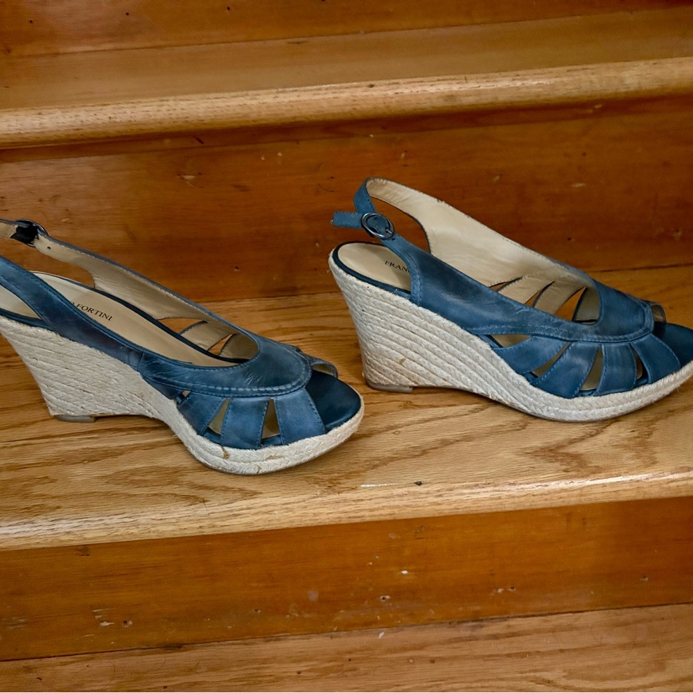 Franco Fortini Blue Wedge Espadrille Sandals with Ankle Strap sz 10